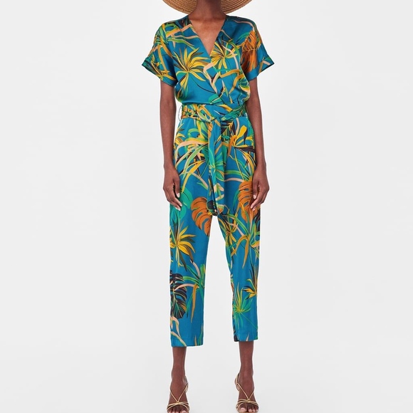 tropical print jumpsuit zara